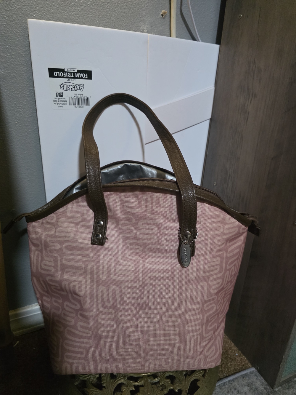 Women's Pink Patterned Tote Bag with Brown Trim